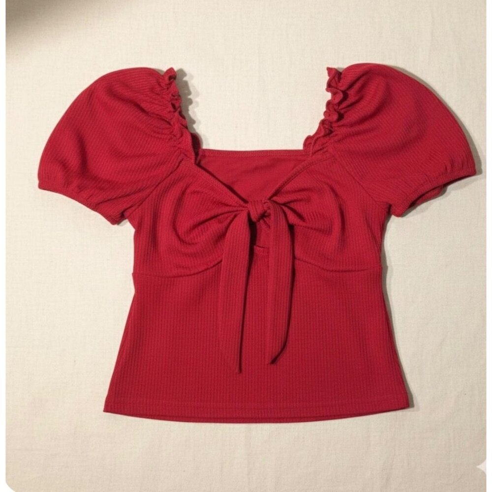 SHEIN Red Ribbed Tie-Front Puff Sleeve Top - Teen S